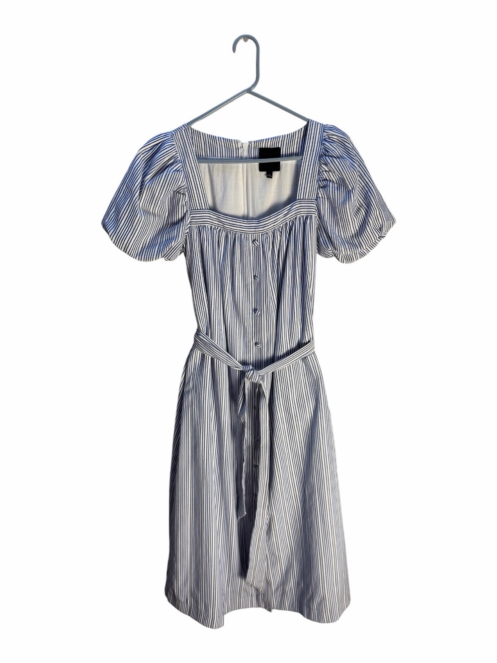 Alex Marie Blue and White Striped Puff-Sleeve Midi Dress